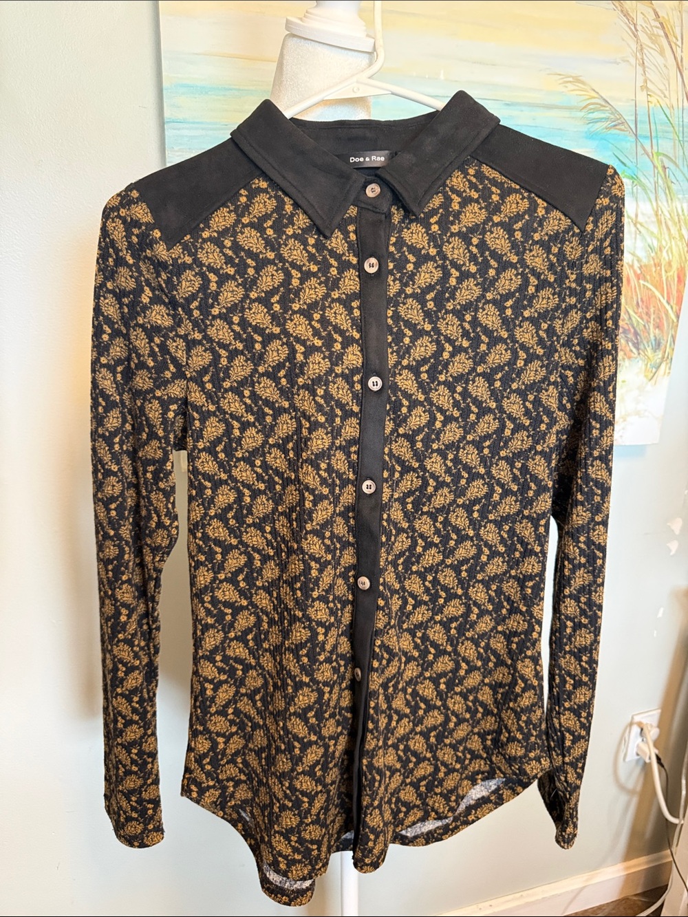 Doe & Rae Black Button-Down Shirt with Gold Floral Print